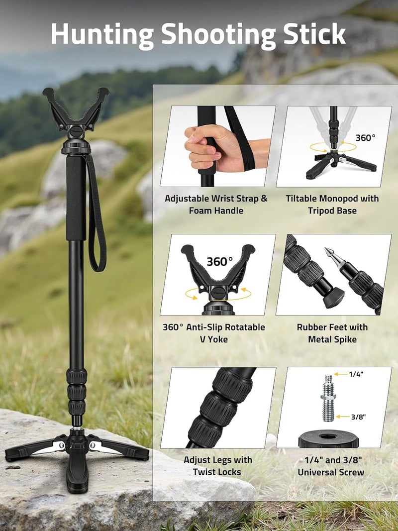Trakiom Shooting Stick Rifle Monopod with 360° Rotatable V Yoke Rest, Hunting Rifle Tripod with Tri-Stand Base Gun Stick for Shooting and Hunting, Black - Image 2